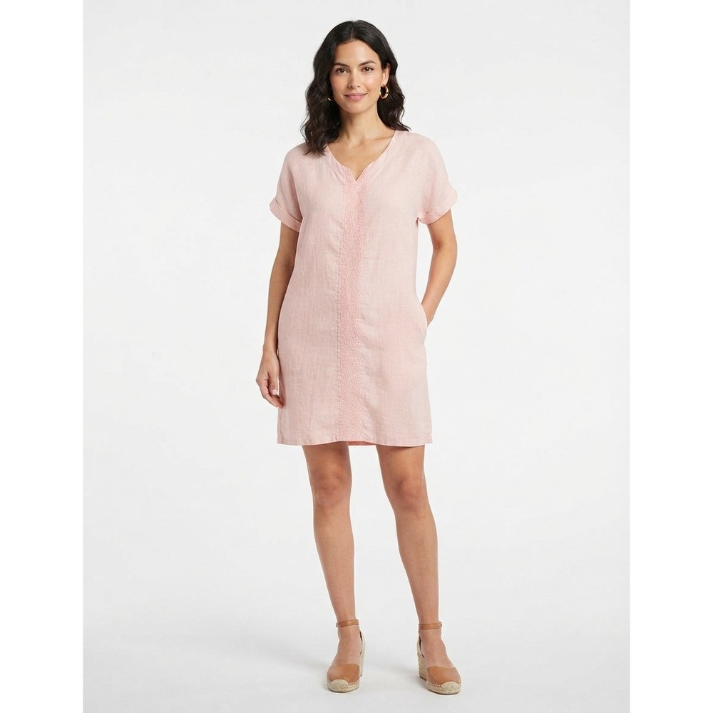 Valentina Naldi Linen Shift Dress Pink Embroidered V-Neck Made in Italy - Large